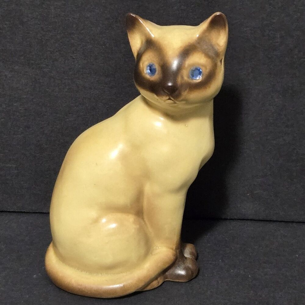 Vintage Japan MCM Siamese Cat Salt Shaker Blue Rhinestone Eyes